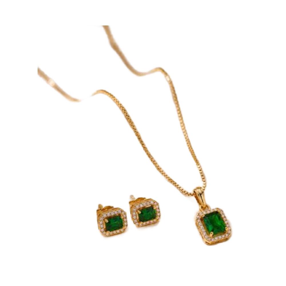 Vintage Emerald Green Glass Pendant Necklace and Earrings Set